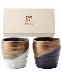 PAIRE DE TASSES À SAKÉ MINO WARE BLANC ET NOIR SCINTILLANT